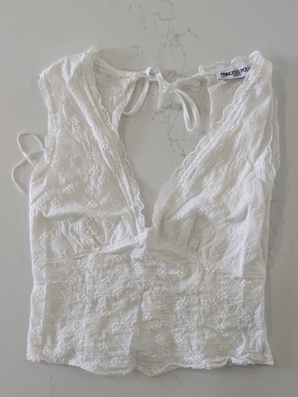 Princess Polly Embroidered Blouse US 4 White Cotton Lace Trim Tie